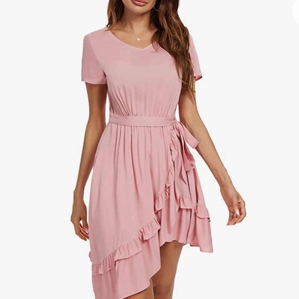 Pink Ruffle Asymmetrical Mini Dress